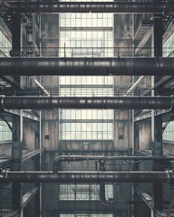 Boldly capture the grandeur of scale in a large factory with symmetrical pipes and windows, featuring expansive spaces and a light black color palette , pink tone - obrazy, fototapety, plakaty