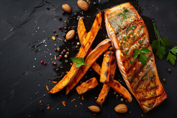 sweet potato fries with grilled salmon on stone plate, top view