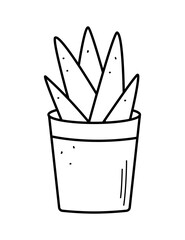 Green flower in a pot, vector illustration of the contour of a doodle plant, landscaping of the room