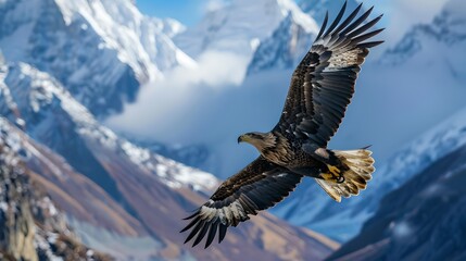 Obraz premium Majestic Eagle Soaring High Against a Backdrop of Snow-Capped Mountains and Clouds