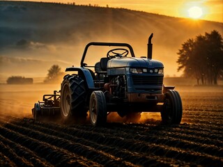Tractor at dawn in the field. Plowing rural land before planting.