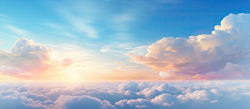 This image captures a serene sky with fluffy clouds and the sun shining brightly in the background