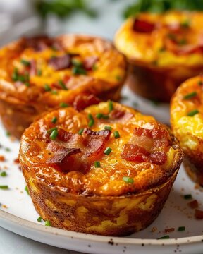 A closeup view of the perfectly baked bacon and cheese egg muffins on the white plate , sharp warm highlights