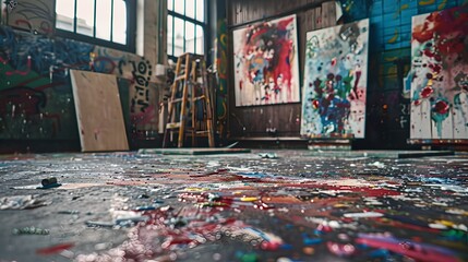 Colorful Artist's Studio with Paint Splatters and Artworks on Easels