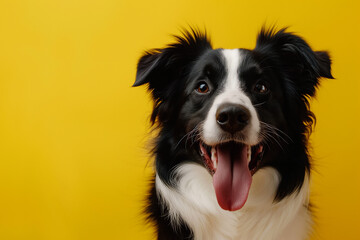 A border collie dog sticking out its tongue, isolated on yellow background