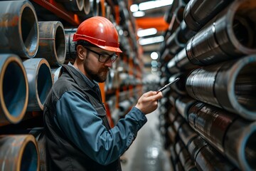Steel pipe Quality Control Expert inspects material in warehouse production shelves. Concept Steel Quality Control, Warehouse Inspection, Production Shelves, Material Assessment