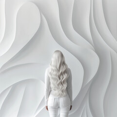 Girl with white hair stands with her back against the background of 3D figures