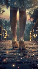 The princess shoes glitter as she gazes towards a vanishing point in the distance ,HD image