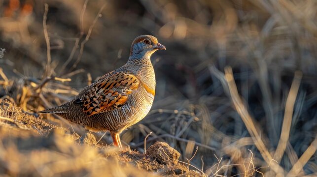 Wild bird partridge. Warm colors nature background..Grey Partridge / Perdix perdix