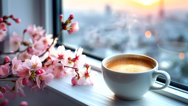  cup of coffee at the window with a spring cherry blossom cityscape of nara. Seamless looping 4k time-lapse video animation background