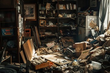 A cluttered and unkempt space filled with discarded items and debris , sharp warm highlights - obrazy, fototapety, plakaty