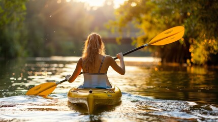 Woman kayaking in tranquil stream with stunning natural landscape in the background - obrazy, fototapety, plakaty