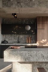 Kitchen design inspired by brutalist architecture . style of photography