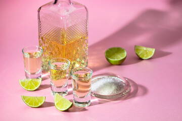 Tequila with salt and lime slices on a pink background.
