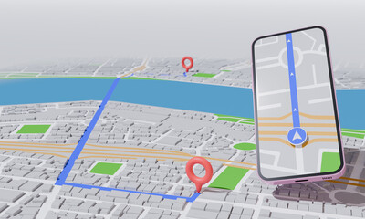 스마트폰을 이용하여 목적지까지의 경로를 표시하는 네비게이션, 3D 렌더링 이미지 - obrazy, fototapety, plakaty