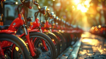 A row of identical red bikes neatly parked side by side in a designated area. Each bike is secured to a bike rack, lined up perfectly parallel to one another - Powered by Adobe