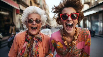An elderly woman and a younger woman share a moment of laughter on a city street, showcasing intergenerational happiness. Funny senior mother and daughter laughing while walking down the street.