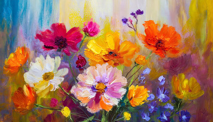 Oil painting of flowers. Abstract art background. Colorful flowers, art design