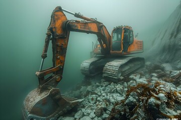 Excavator operating underwater in a Pacific environment with a mine. Concept Underwater Excavator, Pacific Environment, Mining Ops, Technology in Water, Marine Machinery