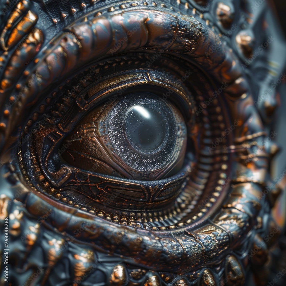 Poster a highly detailed mechanical eye design, with intricate patterns and a futuristic aesthetic, evoking