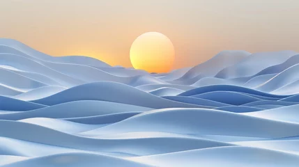 Poster Serene 3d abstract landscape  minimalist rolling hills under soft pastel sunrise © Andrei