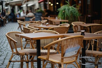 Tables and chairs of outdoor cafe in european city