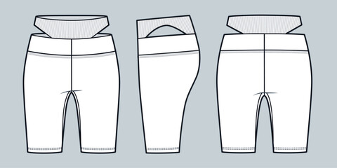 Cycling Shorts fashion flat technical drawing template. Short Leggings technical fashion illustration, high rise, cutouts, front, side, back view, white,  women, men, unisex CAD mockup set.