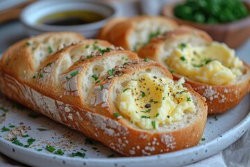 Scrambled eggs in a French baguette on a ceramic plate.