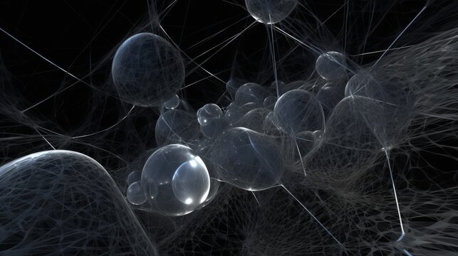 A monochrome image presenting an intricate network of connected spheres and threads creating a complex web, symbolic of connectivity and structure