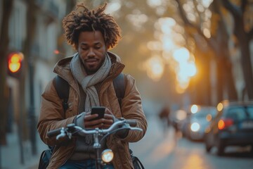 Urban cyclist checking smartphone on city street at sunset. Urban lifestyle and technology concept.