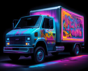 colorful and bright vehicle, Mid-size car made of neon lights, glowing in the dark, vibrant colors,...