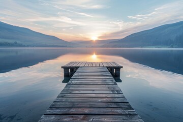 pier on the lake against the background of mountains. Wooden pier on the background of sunset. - obrazy, fototapety, plakaty