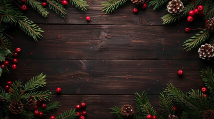 Fototapeta na wymiar Christmas background on dark brown wooden texture, Christmas decorations with pine cones and red berries, gift boxes ,green binary bells on black wood background, Top view, copy space for text,banner