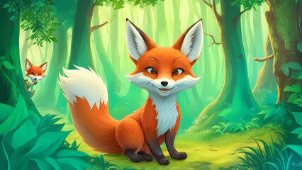 illustration of a red fox in the forest