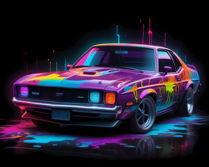 colorful and bright vehicle, musclecar made of neon lights, glowing in the dark, vibrant colors, graffiti art, splash art, street art, spray paint