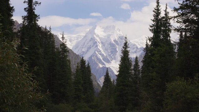 View of the high peak of the Tian Shan mountain range towards Boris Yeltsin Peak, Kyrgyzstan, near the Jeti Oguz Valley