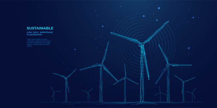 Polygonal wind power. Wind turbine farm landscape. Abstract technology futuristic 3D windmill park. Sustainable energy on electric blue background. Low poly digital wireframe vector illustration.