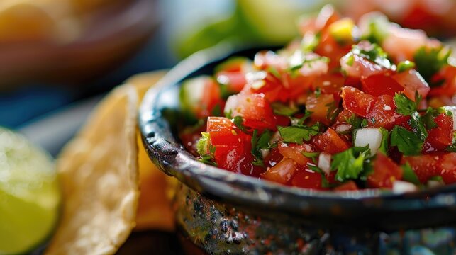 Fresh salsa in rustic bowl with vibrant colors. Culinary arts and food concept for design and print