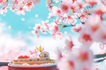 Cherry blossom and Japanese food. Sushi and sashimi on a wooden table. 
