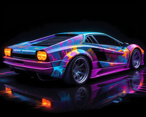 colorful and bright vehicle, sportscar made of neon lights, glowing in the dark, vibrant colors,...
