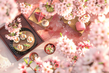 Obraz na płótnie Canvas Cherry blossom and Japanese food. Sushi and sashimi on a wooden table. 