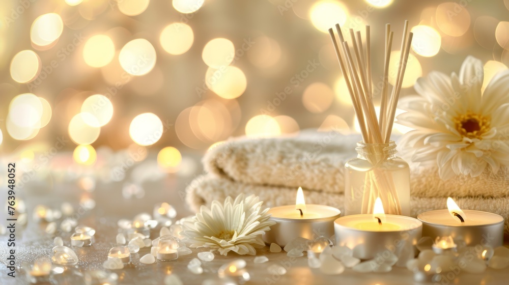 Poster tranquil spa ambiance candles and reed diffuser on table with soft lighting background