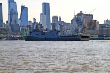 The US Coast Guard sails along the Hudson River during Fleet Week's Parade of Ships.