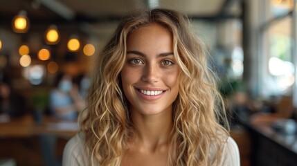 Smiling woman with curly hair in a cafe. Portrait photography with bokeh background - obrazy, fototapety, plakaty