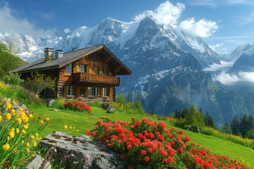 a tranquil mountain retreat in spring, with charming cottages surrounded by blooming flowers and verdant meadows - obrazy, fototapety, plakaty