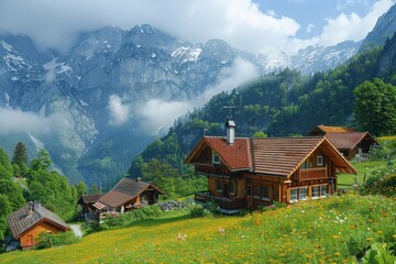 an idyllic Swiss alpine village nestled amidst lush greenery and snow-capped peaks, with quaint cottages dotting the landscape - obrazy, fototapety, plakaty