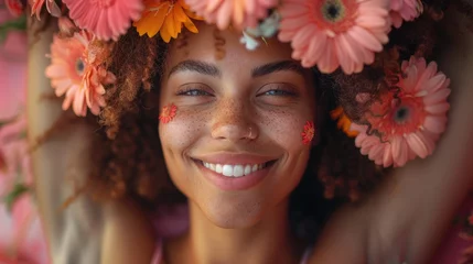 Poster Woman with flowers in hair, close-up portrait with gerbera daisies. © Julia Jones