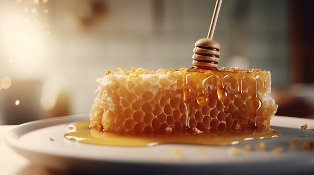 hyperrealistic honey comb , dripping glistening honey сreated with Generative Ai