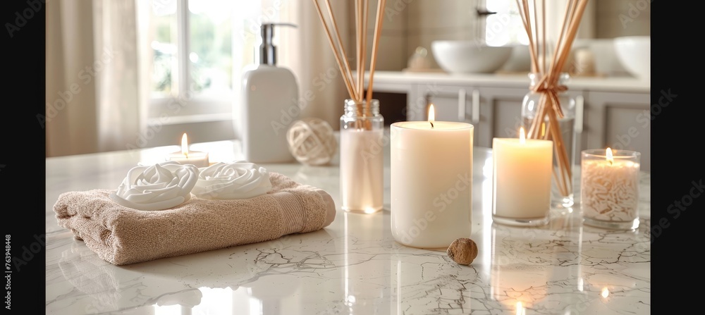 Poster tranquil spa setting with lit candles and aromatic reed diffuser on table, soft focus background