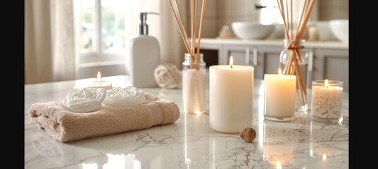 Fototapeta na wymiar Tranquil spa setting with lit candles and aromatic reed diffuser on table, soft focus background